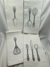 Kitchen Towel Set 4 White Cotton Silver Graphics: Whisk, Cake, Salad, Fork New