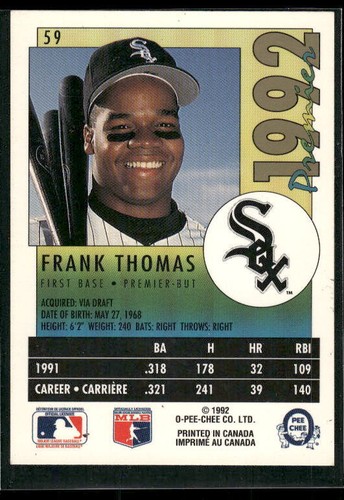 1992 O-Pee-Chee Premier #59 Frank Thomas - Picture 2 of 2