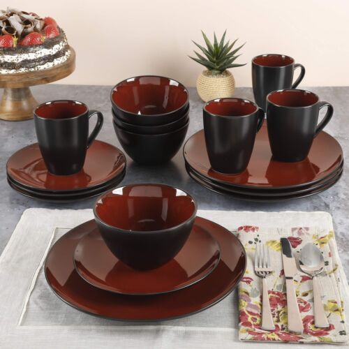 Round Reactive Glaze Stoneware Dinnerware Set Service for 4 16pc Red - Picture 2 of 8