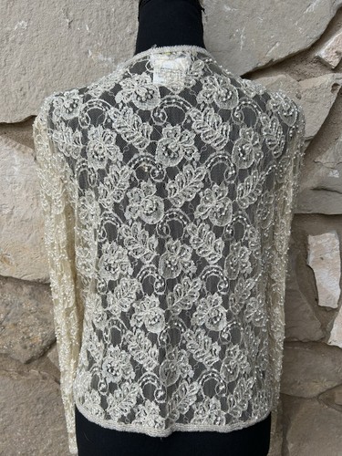 Vintage Stenay Beaded Lace Cardigan Size 8 Ivory Lace Pearl Seed Beads - Picture 11 of 12