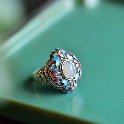 Antique Old Chinese Cloisonne Silver Inlay Gems Flower Jewelry Figure Ring - Picture 4 of 5