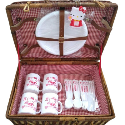 Hello Kitty 1995 Picnic basket Set Cup Spoon Heisei Retro Vintage Bag Sanrio