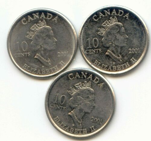 Canada 3x 2001 YEAR OF THE VOLUNTEER Dime Canadian 10 Cent Piece 10c Ten Cents - Bild 1 von 2