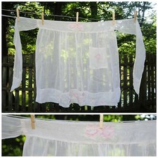 Vintage 1960's White Illusion Fancy Hostess Apron Pastel Pink Rose Appliques