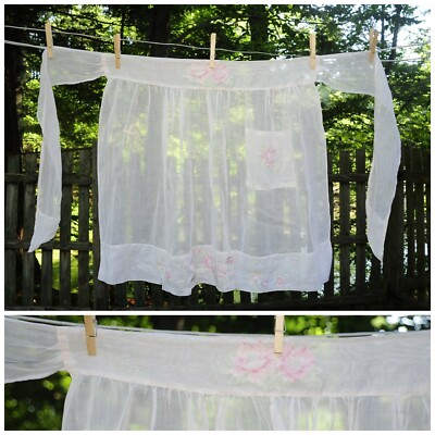 Vintage 1960's White Illusion Fancy Hostess Apron Pastel Pink Rose Appliques
