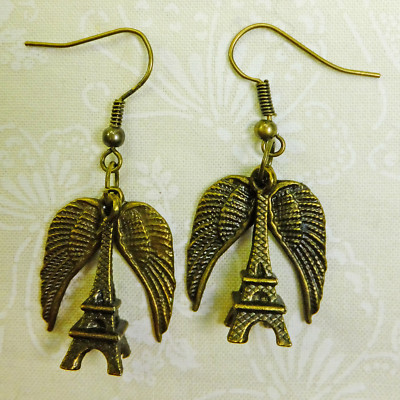 Fantasy Steampunk Wings Antique Brass 3D Eiffel Tower Charms Dangle Earrings New
