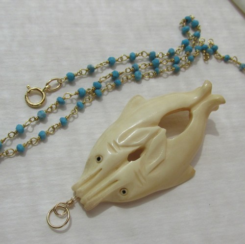 Türkis Kette mit geschnitztem Delfin Anhänger 585 14K Gold GF Collier v. Atelier - Bild 7 von 8