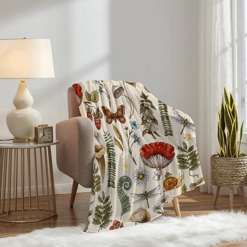 Green Leaf Blue Floral Red Mushroom Fall Throw Blanket for Couch Bed Sofa Office - Picture 3 of 6
