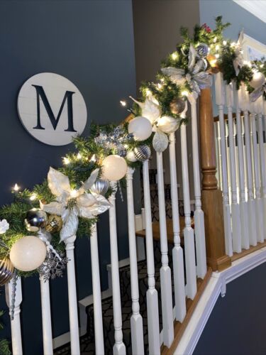 Garland White Holiday Poinsettia Pre Lit white, Silver, 9 Ft decorated Christmas - Picture 12 of 15