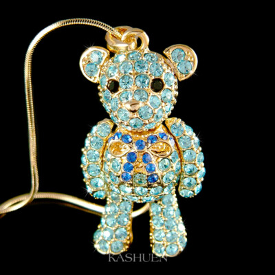 Big 3D Gold Bewegbar Blau Teddybär mit Swarovski Kristall Tier Halskette