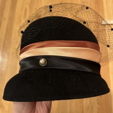 Vintage Zephyr Felt Satin Women s Cloche Hat w. Rhinestone Netting Church