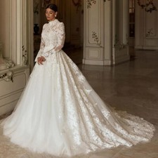 High Neck Muslim Wedding Dresses Long Sleeve Applique Buttons Back Bridal Gowns