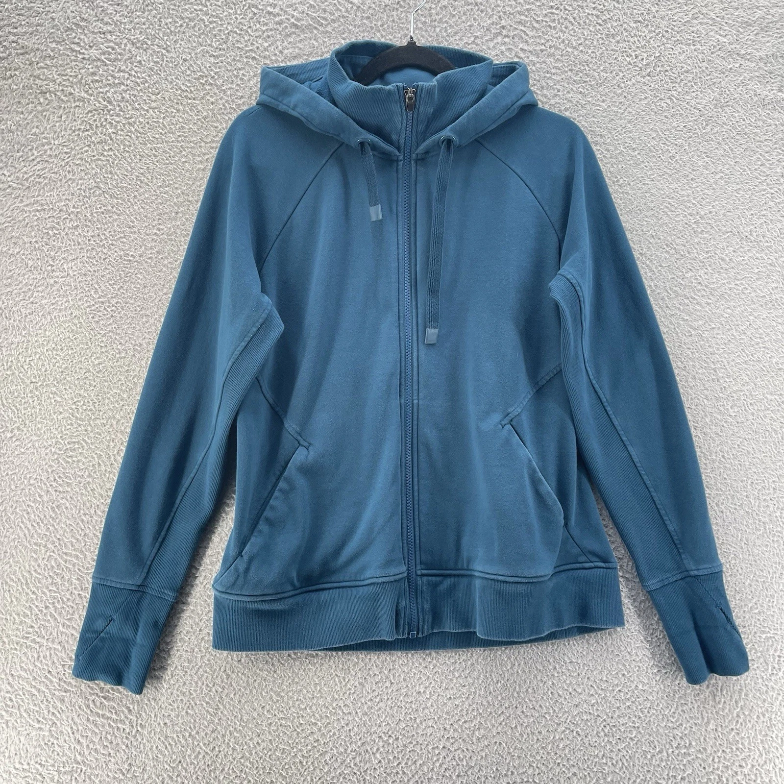 Atheta Hoodie Women Large Blue Green Triumph Logo Pockets Full Zip Thumb Holes