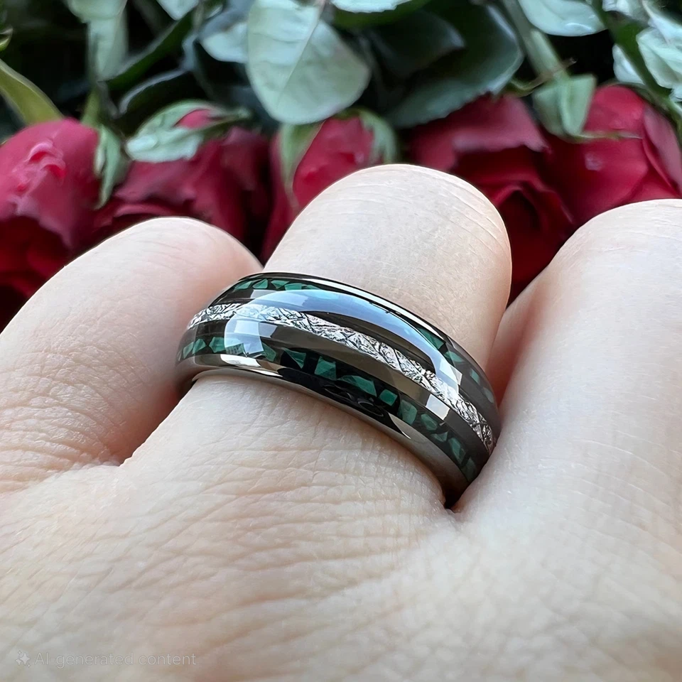 8MM Men Women Tungsten Carbide Ring Band Bright Meteorite and Malachite Inlay - Image 4 of 4
