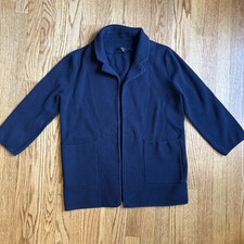 Quince Knit Blazer Women S Navy  Blue Organic Cotton Cardigan Pocket 3/4 Sleeve