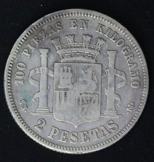 SPAIN 2 Pesetas 1869 (69) SN M Silver 0.835 Provisional Government 4361