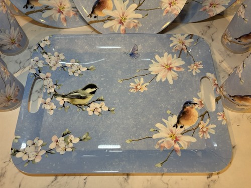 NEW KOHLS BOTANICAL DINNER PLATES TUMBLER MELAMINE PLASTIC SERVING TRAY BLUEBIRD - Picture 2 of 12