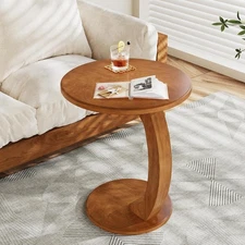C-Shaped End Table, Wooden Round Side Sofa Table, Mid-Century Modern End Table