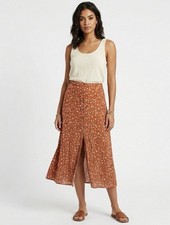 Wild Fable Skirt Size XL Rust Floral Button A-Line Midi Slit High-Rise Rayon