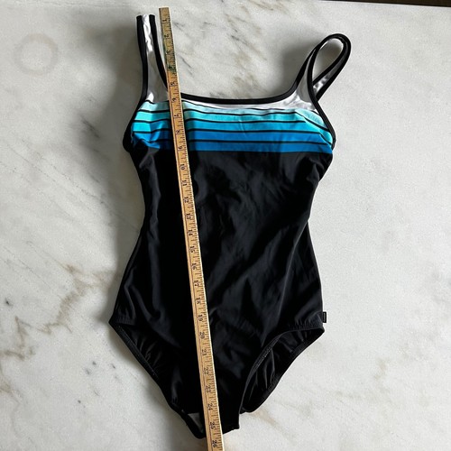 Reebok Damen Einteiler Badeanzug Größe 8 schwarz blau weiß gestreift Retro sportlich