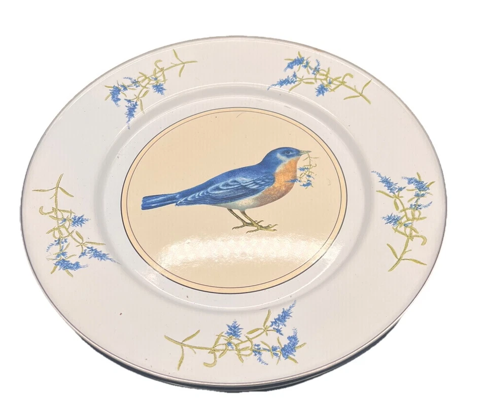 "Juego de 4 platos vintage de pájaro azul esmaltado conejo dorado Mary Lake Thompson 12,5""" Foto 4 de 4