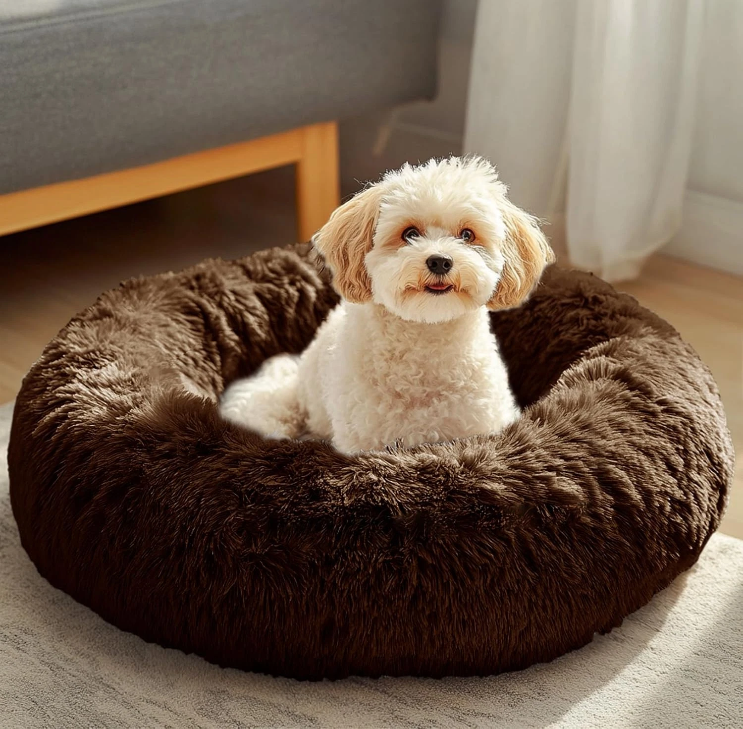 Dog & Cat Bed, Calming Anti-Anxiety Pet Bed for Small Dogs, Fluffy Donut Cushion