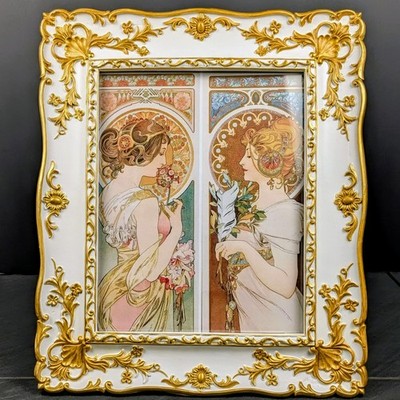 Art Nouveau Gold Frame Primrose Feather Print Ornate White Mucha Style Wall Art