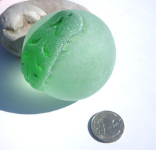 Sea Glass, Green Apple with Darker Green Swirls Inside and a Leaf on it