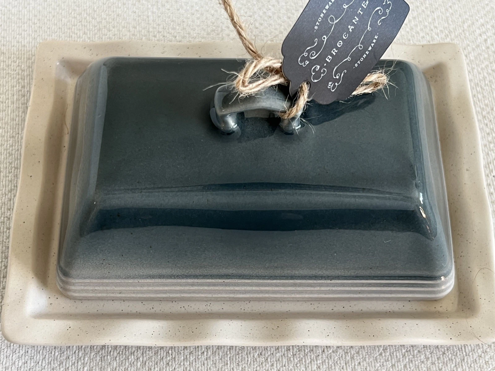 Stoneware Large Butter Dish in Teal/Ivory by Brocante