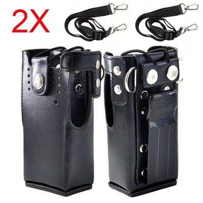 2X Hard Leather Case Carrying Holder Holster For Motorola Two Way Radio W/ Strap