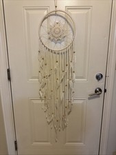 Large White Macrame Woven Wall Hanging, beads feathers Boho Decor 4ft X 13in