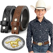 New Kids Western Genuine Leather Belt Embossed Cowboy Cowgirl Bull Horse