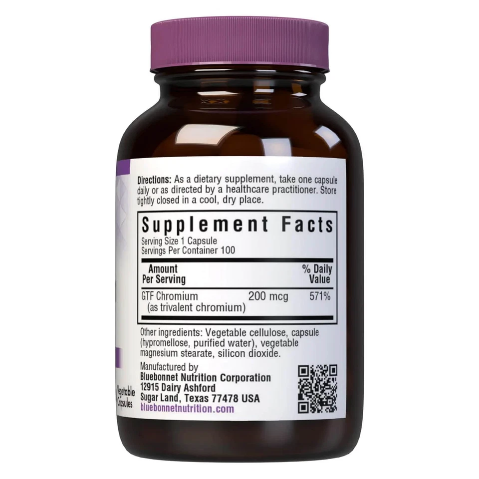 Bluebonnet Gtf Cromo 200 Mcg 100 Cápsulas Vegetales, Metabolismo Saludable de la Glucosa Foto 2 de 4