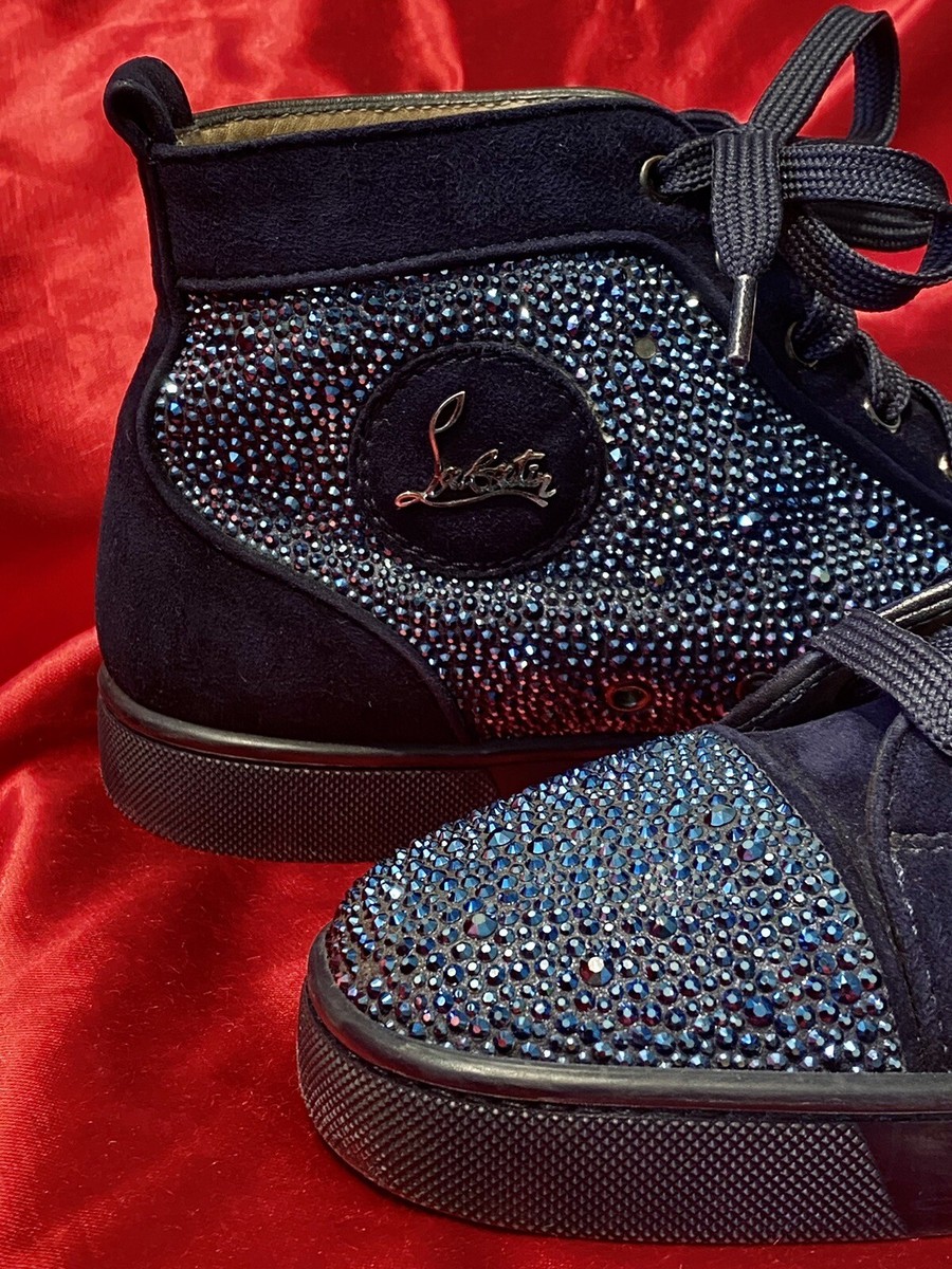 Men's High Top Crystal Sneakers Blue Suede Bling Shoes Red