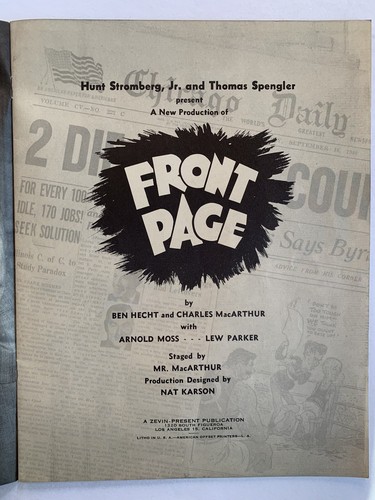 “FRONT PAGE”, Ben Hecht, Charles MacArthur, Souvenir Theatre Program, 1947 - Picture 2 of 4