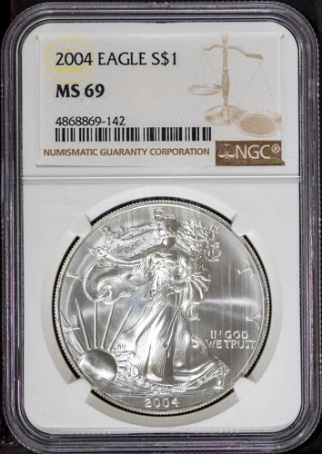 2004 $1 Silver American Eagle MS 69 NGC # 4868869-142 + Bonus