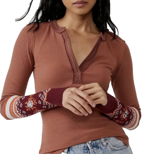 FREE PEOPLE Women Shirt XS Embroidered Long Sleeve Brown Combo Blouse Top NWOT