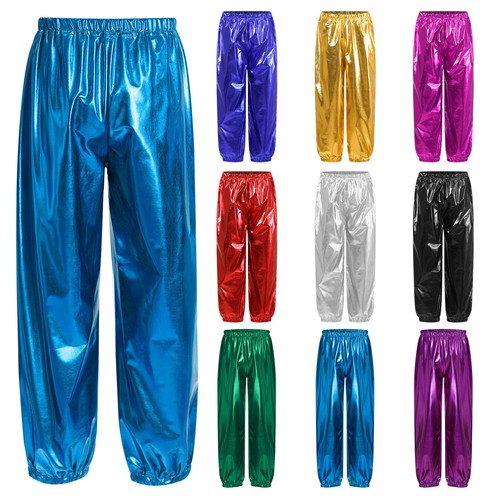 Boy's Girl's Shiny Metallic Pants Hippie Trousers for Jazz Hip Hop Dance Costume - Picture 3 of 58