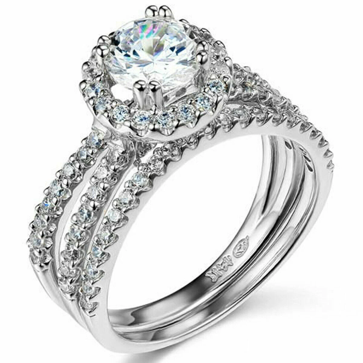Reverse Split Shank Pave Halo 1 CT Round CZ Wedding Ring Set in