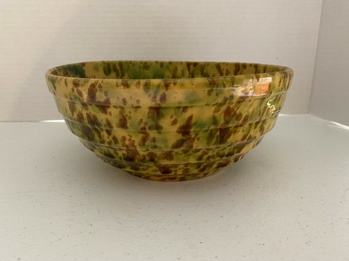 Vintage Spongeware Spatterware Pottery Bowl - Green, Brown, - 8” Diameter x5