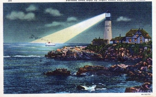 Portland Head Light di notte, Casco Bay - Portland, Maine - biancheria affrancata - Foto 2 di 3