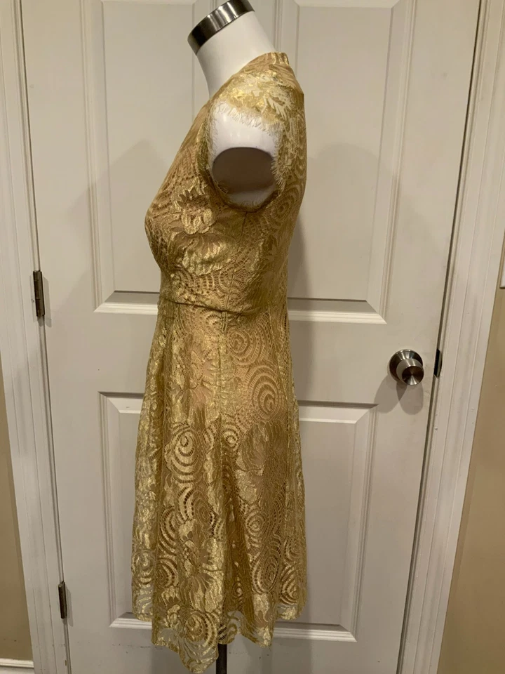 Eva Franco Anthropologie Gold Floral Lace Fit & Flare Dress, Size 0P (US) - Image 4 of 4