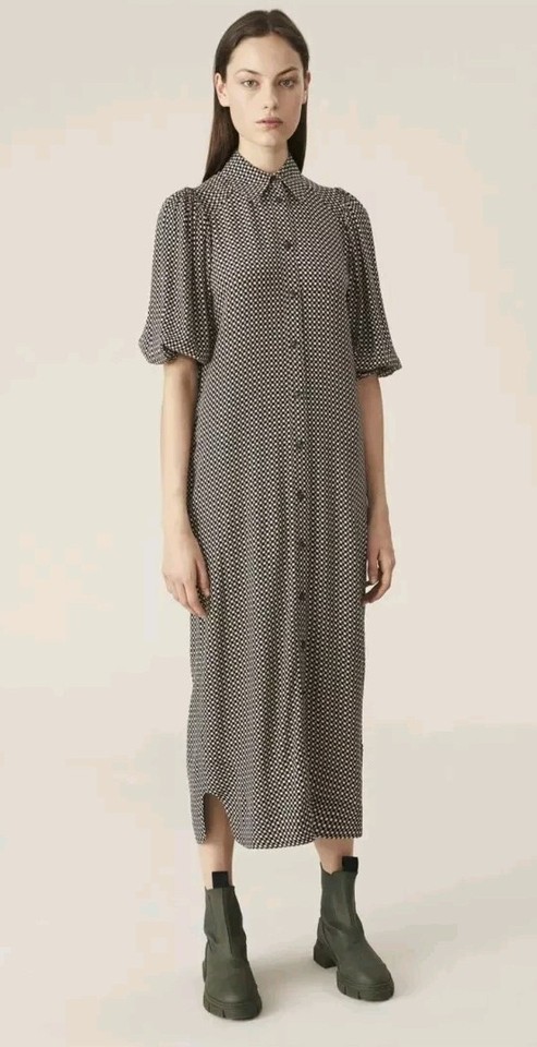 Ganni Printed Crepe Check Shirt Midi Dress Size 36 VGC