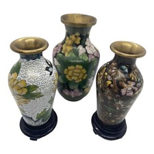 3 Vintage Cloisonne Brass Vases Floral with 2 Display Stands