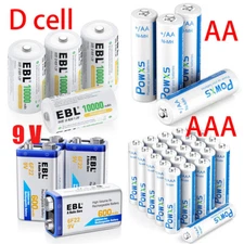 EBL AA AAA D Size Ni-MH Rechargeable Batteries / 9 Volt 9V Li-ion Battery Lot