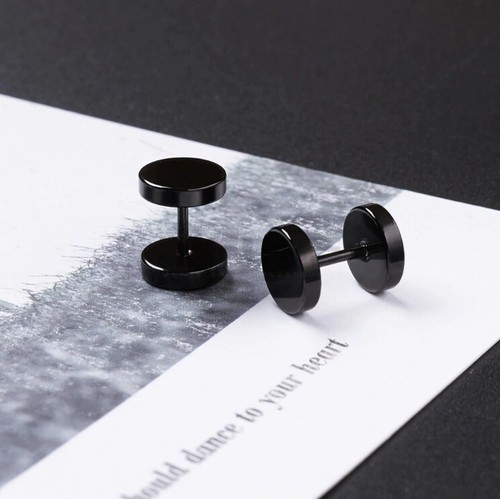 Punk Stud Earrings 3-12MM Round Dumbbell Black Plated Surgical Stainless Steel - Picture 61 of 99