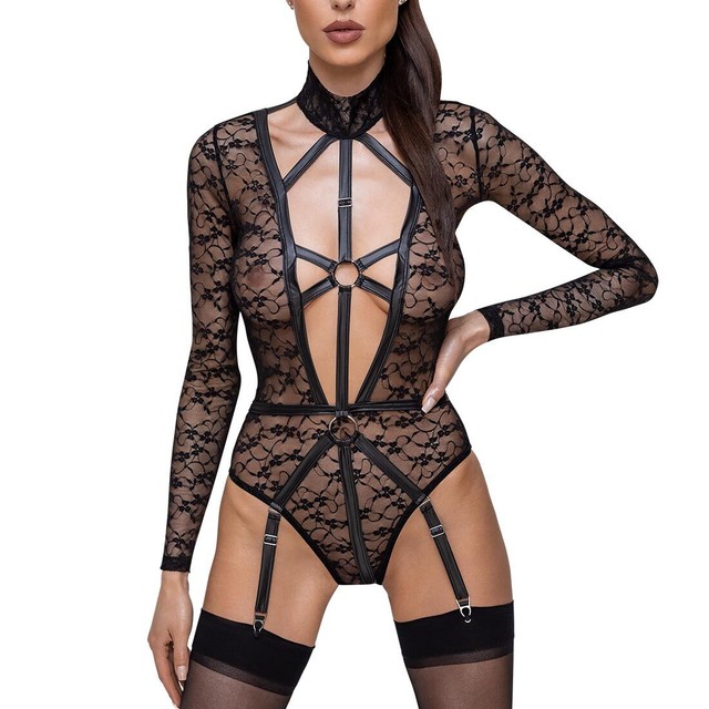 Sexy Langarm-Body S-XL Spitze + Strapse abnehm. + Schritt Knöpfe Dessous "Viola"