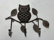 METAL OWL WALL HOOK WITH 3 HANGERS WROUGHT IRON OWL ON BRANCH WITH LEAVES 6X9 IN