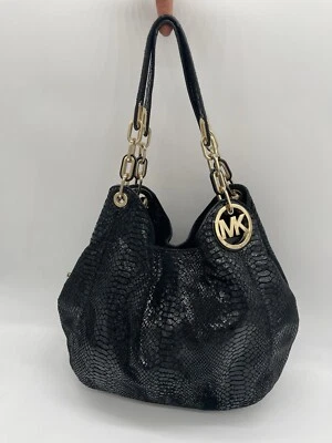 $398 Michael Kors Fulton Snakeskin Black Leather Suede Shoulder Purse Large Boho - Photo 1/4