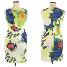 Suzi Chin Dress Artsy Abstract Floral Splatter Ruched Sleeveless Cocktail Sz 10